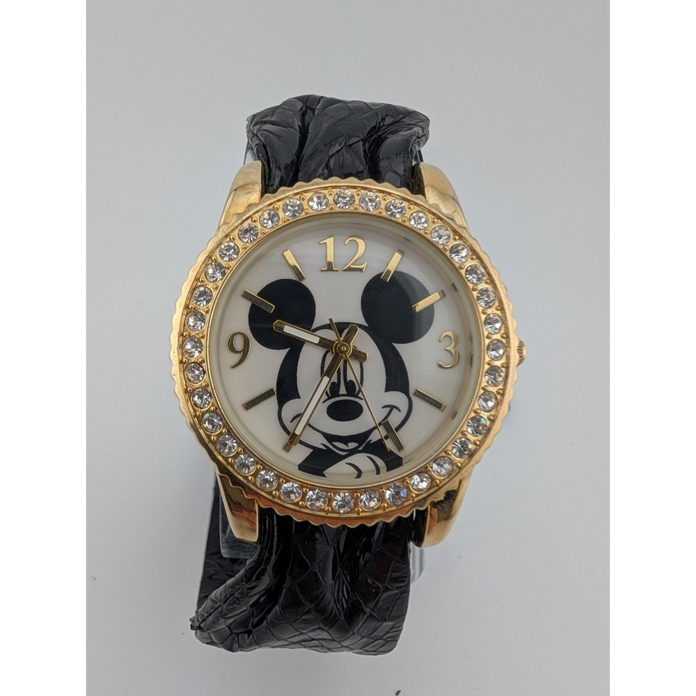 Disney Mickey Mouse‎ Watch Women 38mm Case Black Leather Band- New Battery